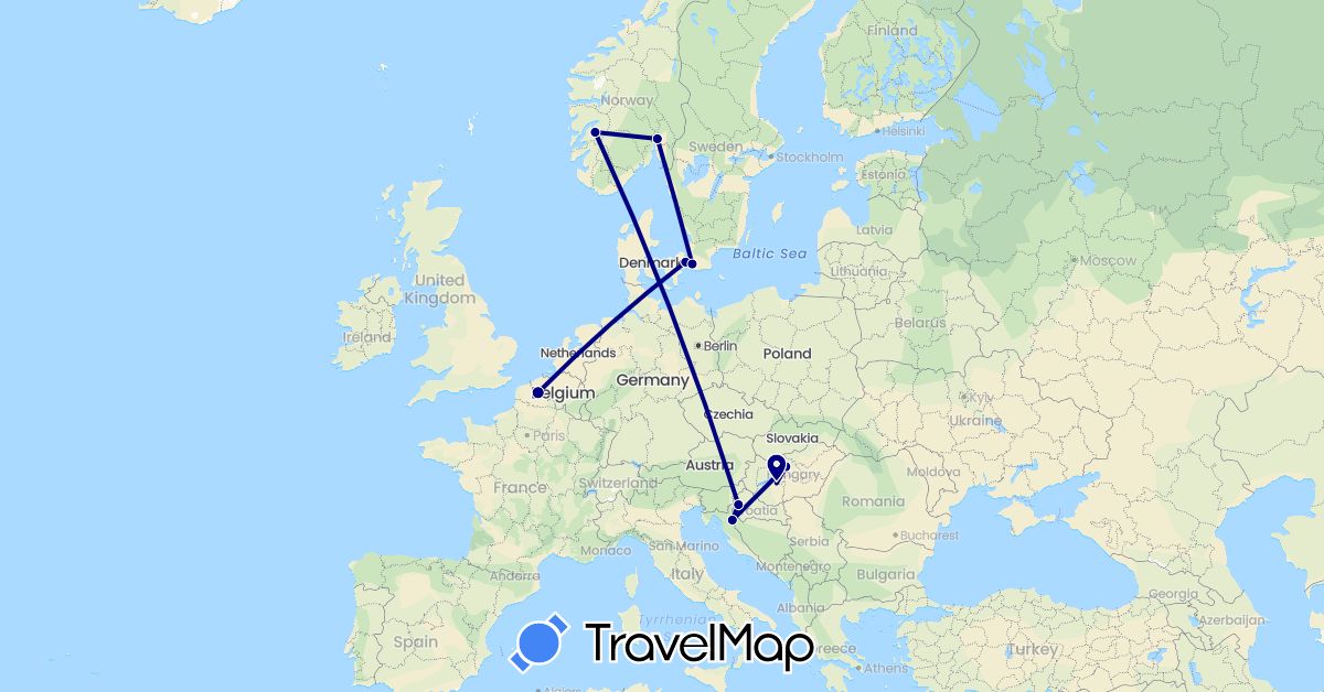 TravelMap itinerary: driving in Denmark, France, Croatia, Hungary, Norway, Sweden (Europe)